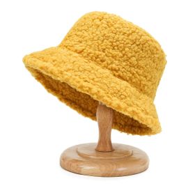 2021 Women's Harajuku Bucket Hat Solid Color Women Men Fishing Fisherman Hats Autumn Winter Lamb Wool Outdoor Warm Panama Cap (Color: Yellow)