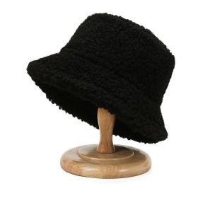 2021 Women's Harajuku Bucket Hat Solid Color Women Men Fishing Fisherman Hats Autumn Winter Lamb Wool Outdoor Warm Panama Cap (Color: Black)